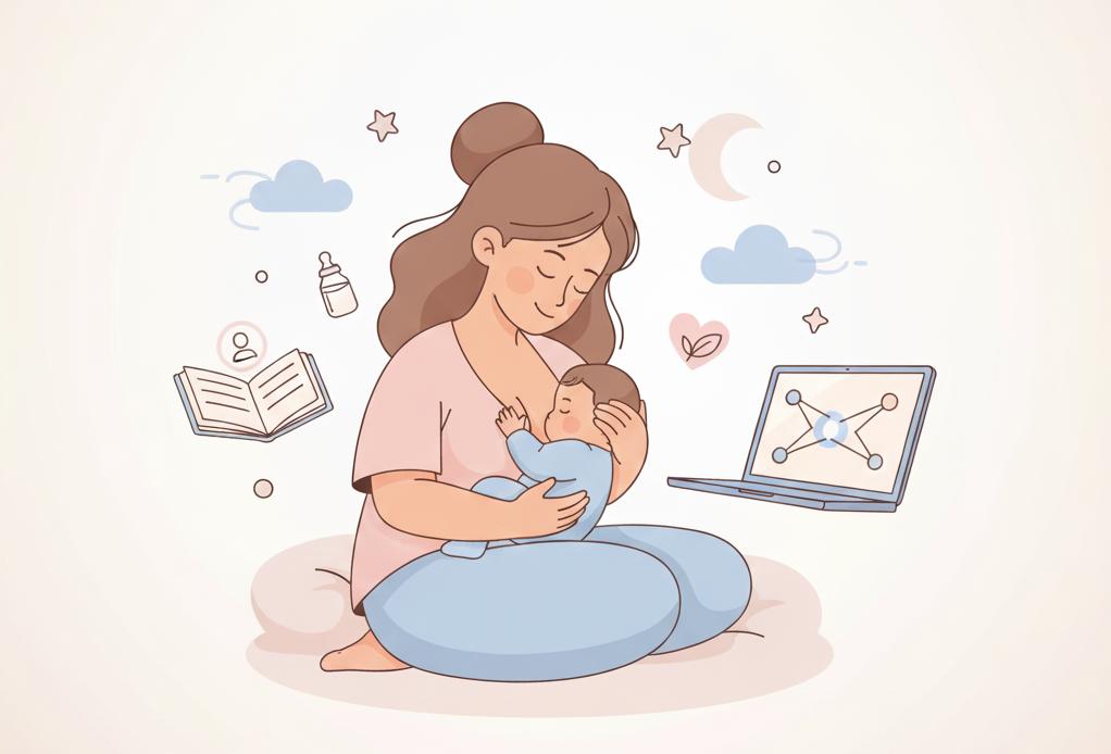 Mama doji bebu i uči iz video materijala na laptopu kod kuće